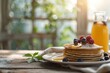 Sun-kissed buckwheat pancakes tower, drizzled with golden honey, adorned with plump berries, creating a cozy, inviting breakfast scene