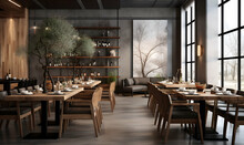 Interior Of Luxury Restaurant With Black Walls, Concrete Floor, Rows Of Orange Chairs And Wooden Tables With Brown Chairs. 3d Rendering
