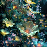 Fototapeta Kwiaty - \abstract digital flora and fauna, bioluminescent tech nature thriving in harmony,Generative AI