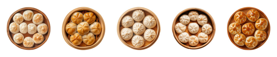 Wall Mural - Collection of delicious bakpao on a plate isolated on a transparent background, top view, PNG