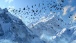 A flock of migratory birds soaring over a rugged mountain landscape, their wings silhouetted against the backdrop of snow-capped peaks and icy glaciers. 32K.