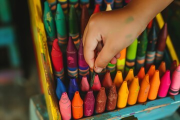 kid selecting a crayon from a multicolored crayon box