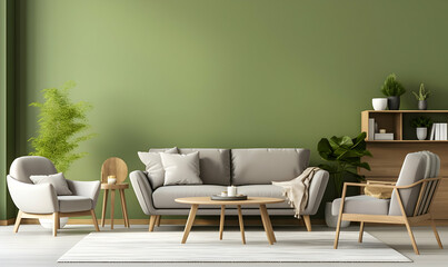 Interior living room with green walls, wooden floor, two beige sofas and coffee table. 3d rendering