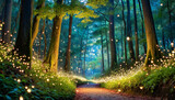 Fototapeta Uliczki - Luminous Fireflies in Enchanted Forest