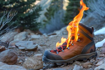 Wall Mural - flaming hiking boot on a rocky trail