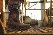 closeup on steeltoed boots, worker standing, platform out of focus