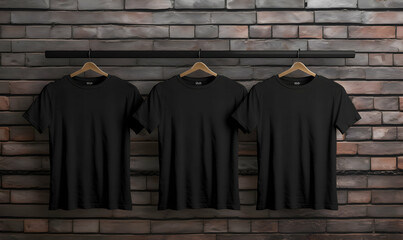 Sticker - Black T-Shirts on hangers on wooden wall background