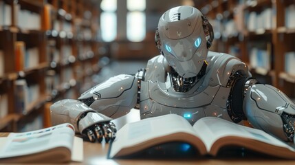Poster - AI robot reading a book in the library. collaboratively studying from a vast array of textbooks. Machine learning, Innovation, futuristic technology concept