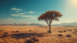 A lone towering tree standing resiliently in a vast arid desert under a scorching sun.