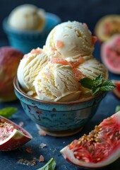 Wall Mural - a close up shot of a blue ceramic bowl with vanilla ice cream scoops in it.