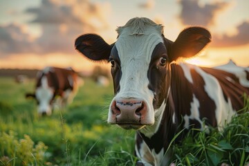 Wall Mural - Serene morning on a dairy farm, cow grazing in the meadow