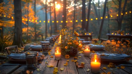 Wall Mural - Autumn outdoor long banquet table setting in the woods with candles and flowers, fall harvest season, rustic, fete party, outside dining tablescape