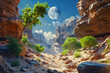 Generate an artistic visualization of an unexpected green haven flourishing within the desert wilderness, complemented by peculiar rock arrangements and the enchanting glow of a full moon
