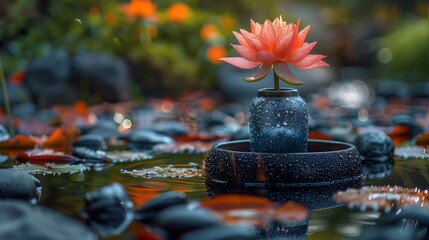 Poster -  relax bright background, beautiful crystal vase, candle, lotus flowers, water, black pebbles, placed all on a bamboo tray, vivid light colors