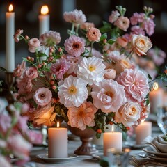 Wall Mural - flowers on the table in restaurant. still life with candles and flowers. pink wedding table setting for a dinner 