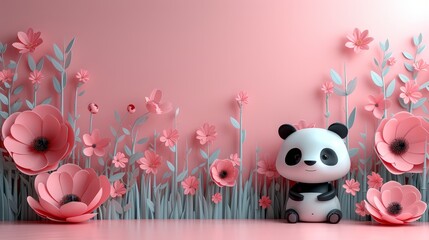 Wall Mural -   A panda bear sits amidst a pink flower field, another facing forward