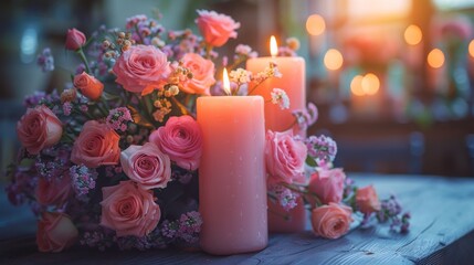 Wall Mural - flowers on the table in restaurant. still life with candles and flowers. pink wedding table setting for a dinner 