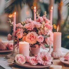 Wall Mural - flowers on the table in restaurant. still life with candles and flowers. pink wedding table setting for a dinner 