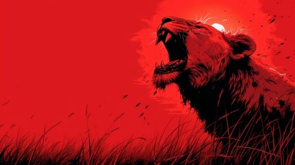   A painting of a lion with an expansive, gaping maw against a scarlet backdrop