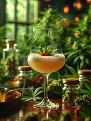 Canvas Print - beautiful CBD cocktail, smoke in the air, on this table there are also jars of hemp buds, a lighter, hemp leaves