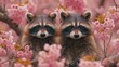   A pair of raccoons atop a tree adorned with numerous pink blooms