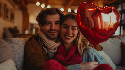 Sticker - Happy Valentine's Day. Young couple in love holding a heart-shaped balloon, hiding behind it while sitting on the sofa in the living room at home. Romantic evening together.