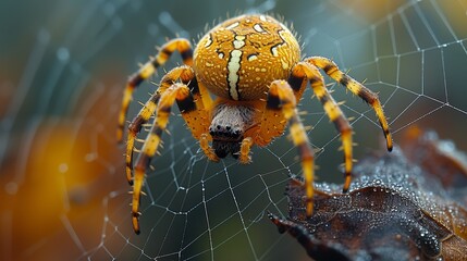   A tight shot of a yellow and black spider on its cobweb, adorned with dew-kissed drops