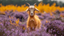   A Goat With Extended Horns Stands Before A Field Of Intermingled Purple And Yellow Flowers Behind It Lies An Expansive Expanse Of Yellow And Purple Blooms