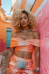 Wall Mural - A confident woman in a summery, sparkling orange outfit holds a retro-style boombox against a mural background