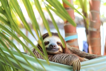 sloth with eyes closed in a fabric hammock among palm trees