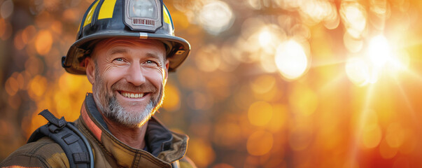 Wall Mural - Construction worker clad in protective helmet smiles against sun shine. Beacon of warmth and optimism among hustle of construction site.