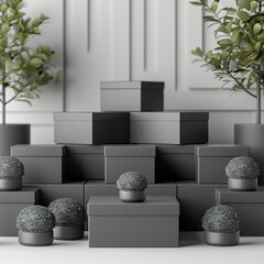 set of large number of blank black packaging boxes standing in a composition centered in the photo. Background is white. In the style of 3d render 