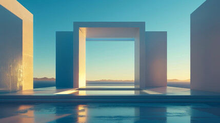 Poster - Sunrise in an empty room, 3d rendering. Computer digital drawing.