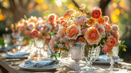 Sticker - Wedding reception table setting with beautiful flowers , sparkling glassware and dishes, extra wide with copy space 