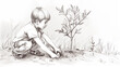 Esboço de um garoto plantando uma arvore
