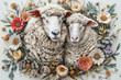 A family of sheep peeks out through a wreath of colorful wildflowers. Popular animal concept for zoos and children.