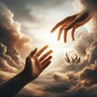 A larger than life hand reaches towards a human hand amidst a dramatic cloudscape, suggesting divine intervention or guidance. The artwork inspires awe and contemplation.