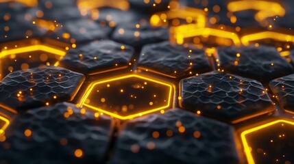 Wall Mural - Abstract hexagonal pattern with illuminated edges and particles, depicting advanced technology or data connectivity.