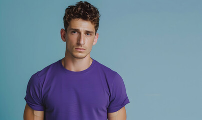 Wall Mural - handsome man wearing T-shirts mockup empty in purple shirt