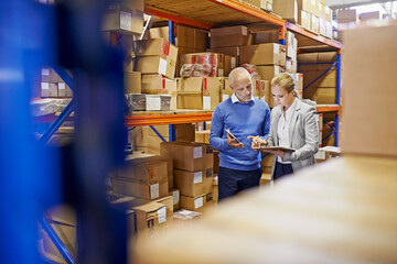 Poster - Tablet, clipboard and business people at warehouse with logistics, planning or delivery checklist. Retail, online shopping and factory team with digital, search or app for cargo, stock or procurement