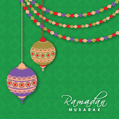 Poster - Floral hanging Arabic lanterns on seamless gree background for Islamic holy month of prayers, Ramadan Mubarak celebration.