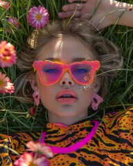 Wall Mural - Close-up of a woman's face with bright makeup and sunglasses, surrounded by flowers and grass