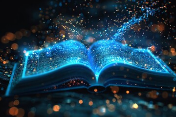 Poster - A blue digital book shines with rays and particles against a black backdrop, showcasing the future of global online education through study, science, and cutting-edge technology like generative AI.