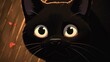 An enchanting 2D animation of a black cat characterized by its mesmerizingly large eyes, displaying realistic blinking movements and occasional subtle mouth openings, creating a delightful view.
