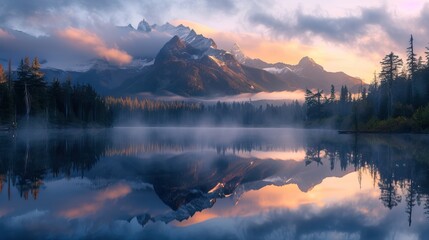 Serene lake with mountain reflection at sunrise, mist over water, scenic landscape.