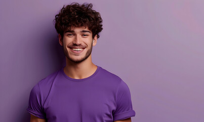 Wall Mural - handsome man wearing T-shirts mockup empty in purple shirt