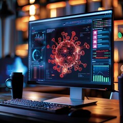 Poster - the computer screen displayed a warning about a potential cyber threat, prompting the antivirus soft