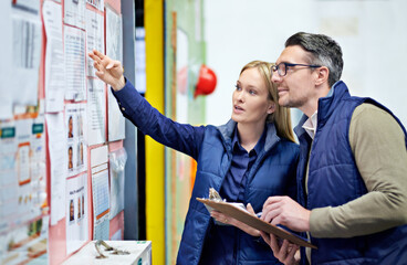 Aufkleber - Man, woman and planning schedule with board in warehouse with calendar for order details. Business, people and checking with checklist or clipboard for supplier information and inventory updates