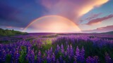 Fototapeta  - A vivid rainbow arches over a field of purple lavender under a dramatic sky at dusk.