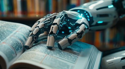 Poster - AI robot reading a book in the library. collaboratively studying from a vast array of textbooks. Machine learning, Innovation, futuristic technology concept